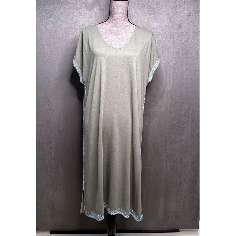 Pure Jill Relaxed Embroidered T-Shirt Dress Women L Olive Green Cotton Lagenlook